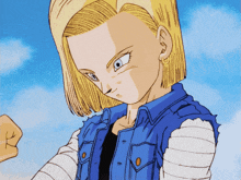 a cartoon drawing of a girl with blonde hair and a blue jacket