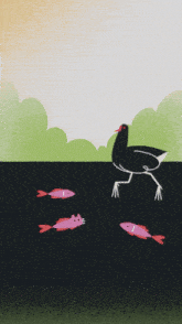 a cartoon drawing of a black bird walking across a dark surface