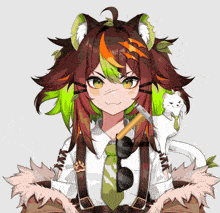 a girl with a cat behind her has a cigarette in her mouth