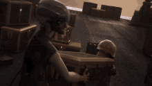a cartoon character wearing glasses and a helmet stands in front of a pile of boxes