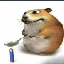 a hamster holding a spoon next to a lighter .