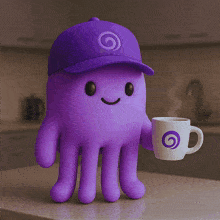 a purple octopus wearing a purple hat is drinking from a white mug