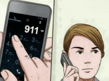 a man is talking on a cell phone and the number 911 is displayed on the screen