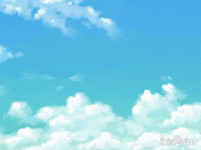 a cartoon character is flying through a blue sky with clouds