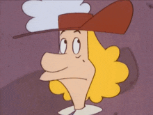 a cartoon character with blonde hair and a red hat is running