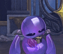a purple cartoon character with a necklace around his neck