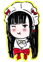 a drawing of a girl with long black hair wearing a white hat with red bows