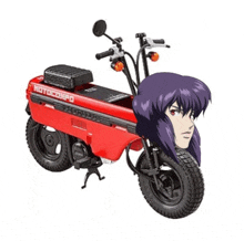 a red honda motorcycle with a purple haired girl on the back