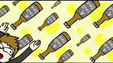 a man is surrounded by bottles of a cold one