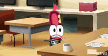 a cartoon character is sitting at a desk with a netflix logo