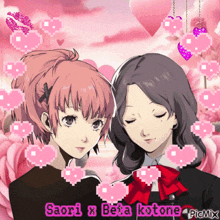 two anime girls are standing next to each other with the words saori x beta kotone on the bottom
