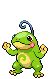 a pixel art of a green frog with a blue tail and tongue sticking out .