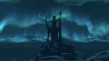 a statue of a woman with a star in her hand stands on top of a mountain