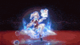 a girl is sitting on a cloud with bubbles around her and holding a cat .