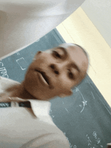 a man taking a selfie in front of a blackboard that says ' equation ' on it