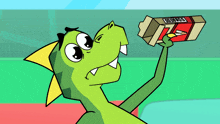 a cartoon of a dinosaur drinking from a bottle that says 000000