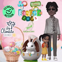 a collage of easter related images including a basket of eggs a bunny and a sign that says climate action