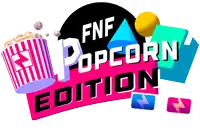 a fnf popcorn edition logo with a striped bucket of popcorn