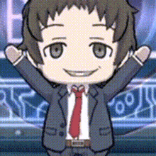 a cartoon character wearing a suit and tie is raising his arms in the air .