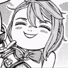 a black and white drawing of a girl wearing a bow tie and glasses smiling .