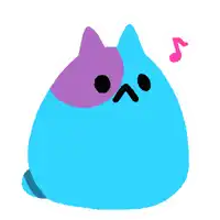 a blue cat with a purple spot and a pink note above it