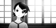 a black and white drawing of a girl standing in front of a window with squares on it .