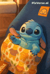 stitch is sitting in a chair next to a box that says dole on it