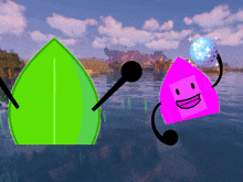a green leaf and a pink object are in the water holding a disco ball