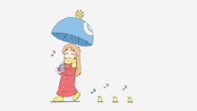 a girl in a red coat is holding a blue umbrella with a sun on top