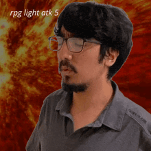 a man wearing glasses says rpg light atk 5 in front of a red background