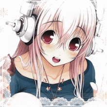 a girl with pink hair wearing headphones and a star necklace