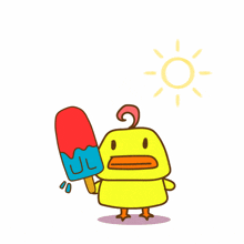a cartoon duck is holding an ice cream bar with the letter u on it