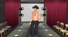 a shirtless man in a cowboy hat is on a runway