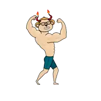 a cartoon of a shirtless man with horns on his head flexing his muscles