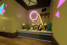 a display of ice cream cones in a room with a neon sign that says ' a ' on it