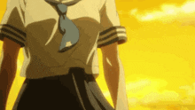 a girl in a school uniform is standing in front of a yellow sky .