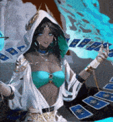 a woman in a white hooded top is holding a bunch of blue cards