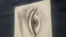 a black and white drawing of an eye with a blue background