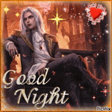 a picture of a man sitting on a balcony with the words good night written below him