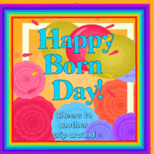 a happy born day greeting card with colorful balloons and flowers