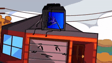 a cartoon drawing of a house with a broken tv on top of it