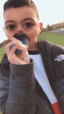 a young boy wearing a jacket that says the north face on the front