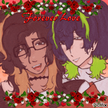 a picture of two anime characters with the words forever love in red letters