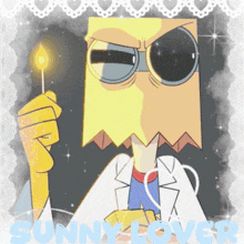 a cartoon of a man with a paper bag on his face and the words sunny lover on the bottom