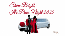 a prom night poster with a man and woman in front of a white limousine