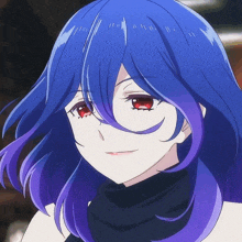 a girl with blue and purple hair and red eyes