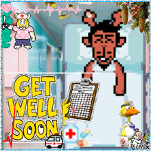 a get well soon greeting card with a cartoon character