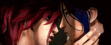 a couple of cartoon characters are looking at each other .