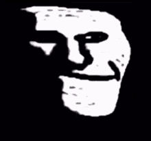 a black and white drawing of a troll face with a black background .