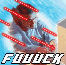 a man is surrounded by red lightsabers and the word fuuuck is on the bottom right